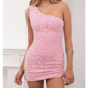 Lucy in the sky pink sequin one shoulder mini dress